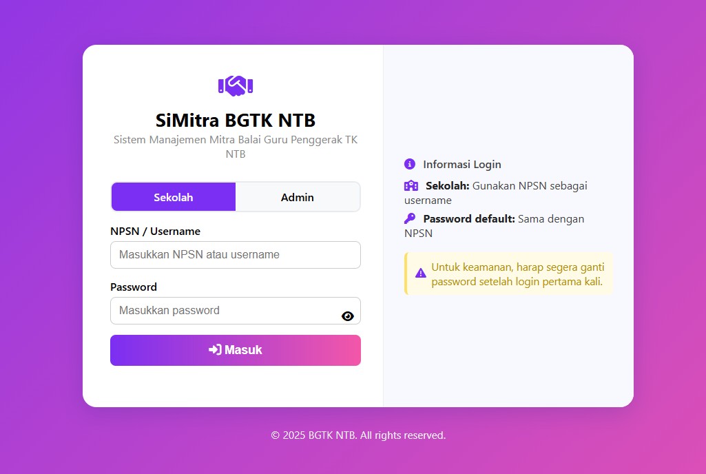 Tampilan Aplikasi Simitra BGTK NTB